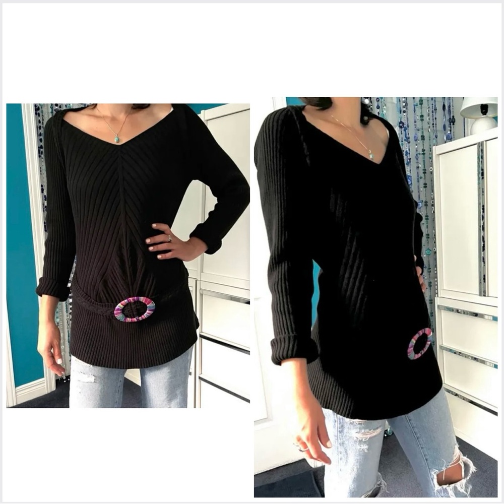 Long black rib-knitted sweater w/integrated belt & its  multicoloured buckle - Picture 12 of 13